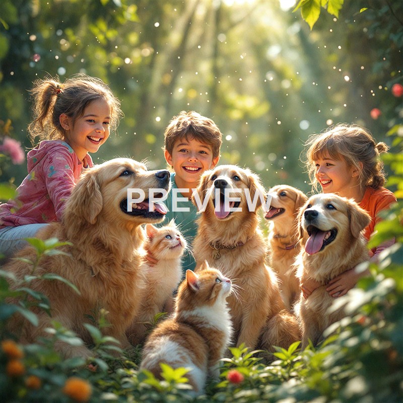 Three children and several golden retrievers and kittens are enjoying a sunny outdoor moment among green foliage, with sunlight filtering through the trees.